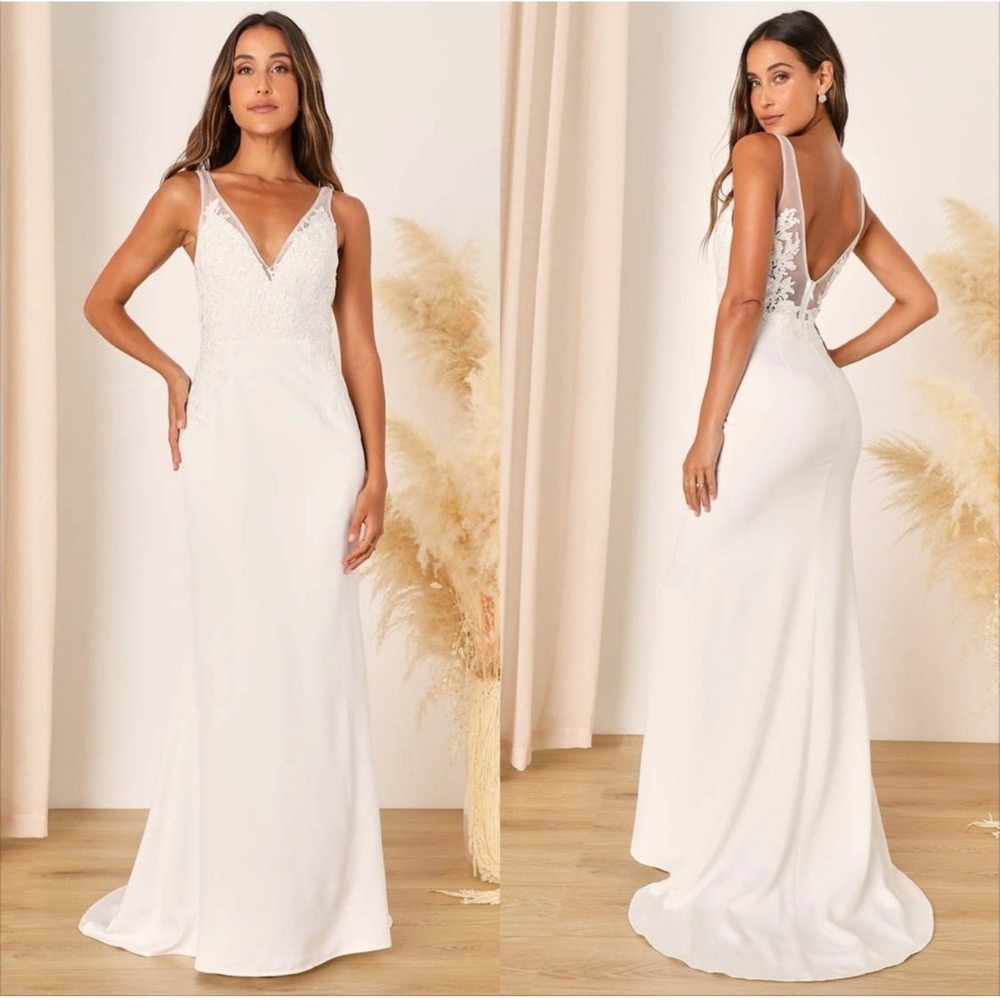 Lulus Precious Promise White Satin Embroidered Lace Mermaid Maxi Dress Large